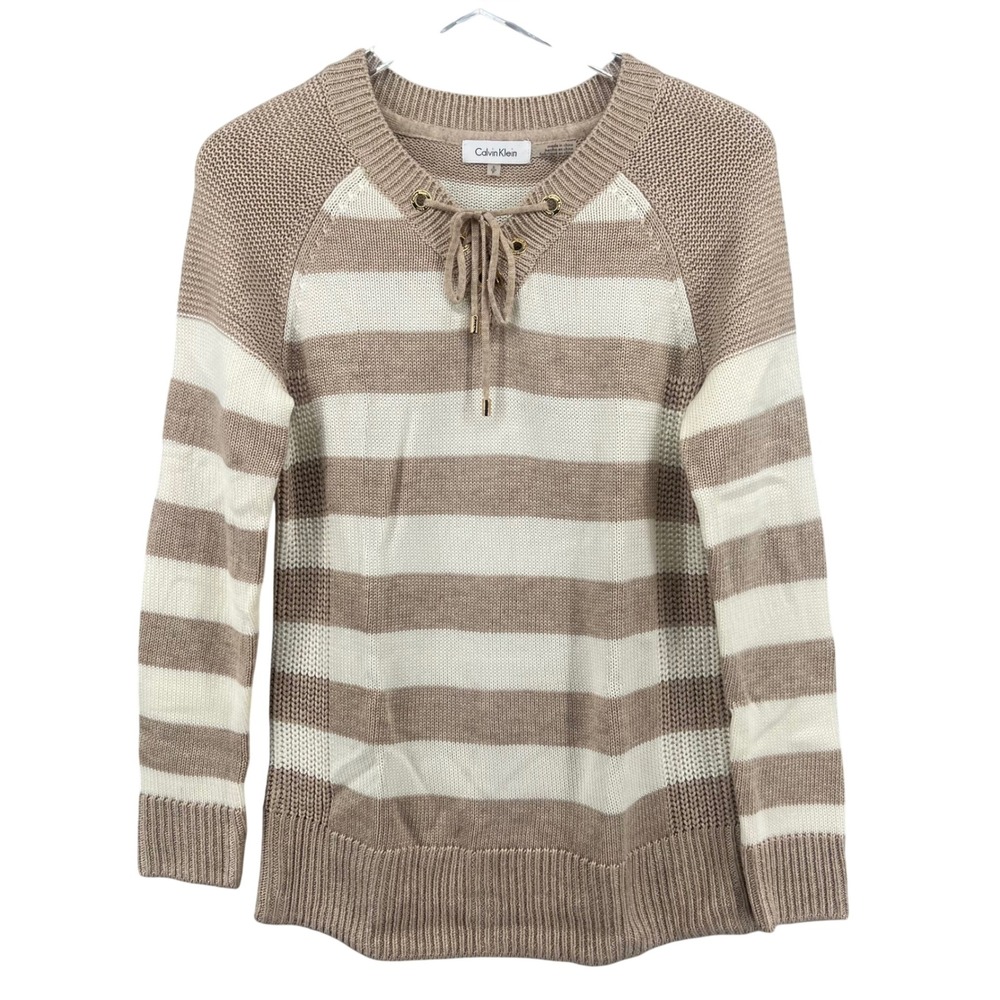 Calvin Klein Womens Tan White Striped Lace Up Sweater M6VSZ779 Small
